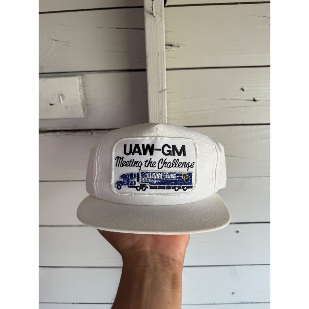 Vintage UAW-GM Meeting the Challenge Trucker Hat White Adjustable Made in USA